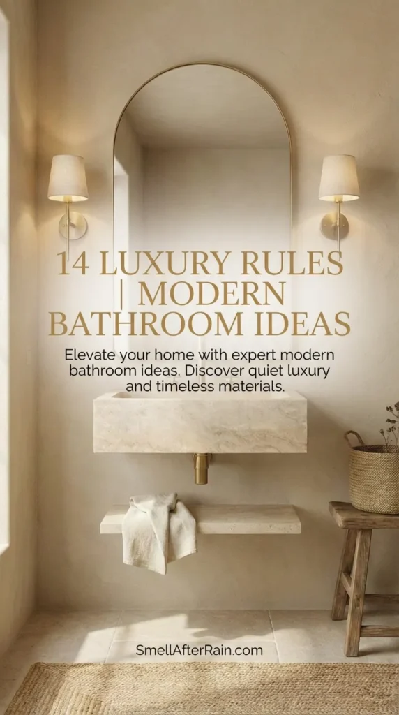 A serene, minimalist bathroom featuring a floating beige travertine stone sink and brass wall-mounted faucet. An arched mirror with gold trim reflects the warm neutral tones. Fabric sconces flank the mirror above a rustic wooden stool and woven basket. This design exemplifies 14 Luxury Rules | Modern Bathroom Ideas, showcasing quiet luxury and timeless materials for a spa-like home aesthetic.