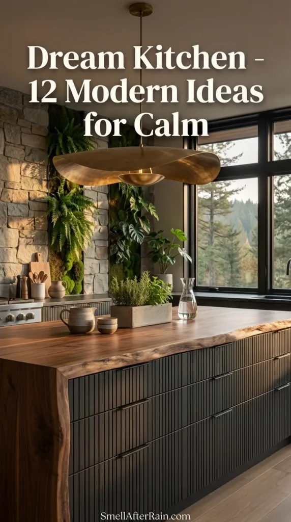 A rustic modern kitchen featuring matte black cabinets, live-edge wood countertops, and a textured natural stone wall. Open shelving holds pottery while copper pots hang near a large black range hood. Potted herbs by the sink demonstrate biophilic integration. This space illustrates a Dream Kitchen - 12 Modern Ideas for Calm, utilizing tactile grounding and natural light.