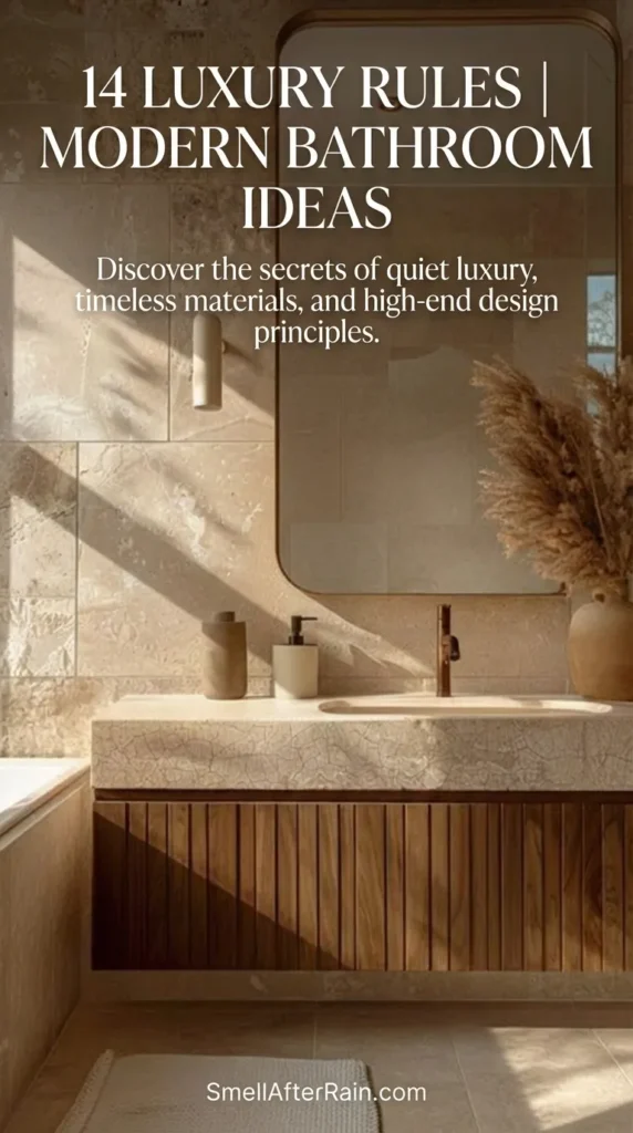 A warm, minimalist bathroom interior featuring textured beige travertine tiles and a rich wood slat vanity. Sunlight streams in, casting shadows on the stone walls and white bathtub. A rounded rectangular mirror and a vase with pampas grass add organic touches. This design illustrates 14 Luxury Rules | Modern Bathroom Ideas for a timeless, high-end aesthetic.