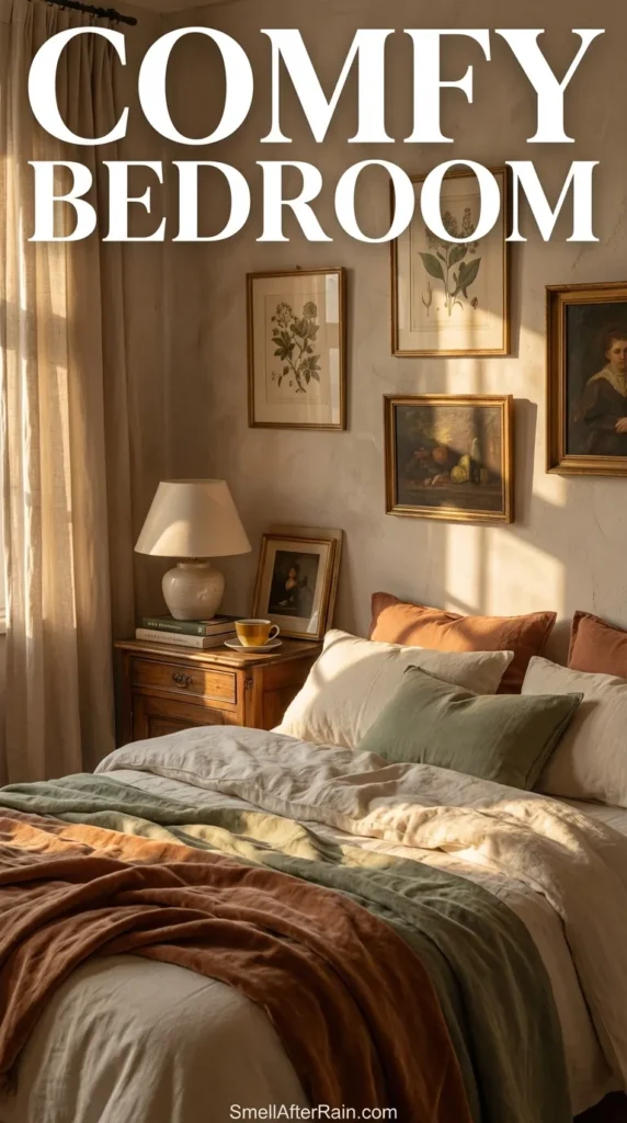 Golden sunlight streaming through lace curtains onto a rumpled white bed with a blue pillow in a Comfy Bedroom. A gallery wall of vintage art hangs above the wooden headboard, creating a warm, aesthetic atmosphere suitable for relaxation.
