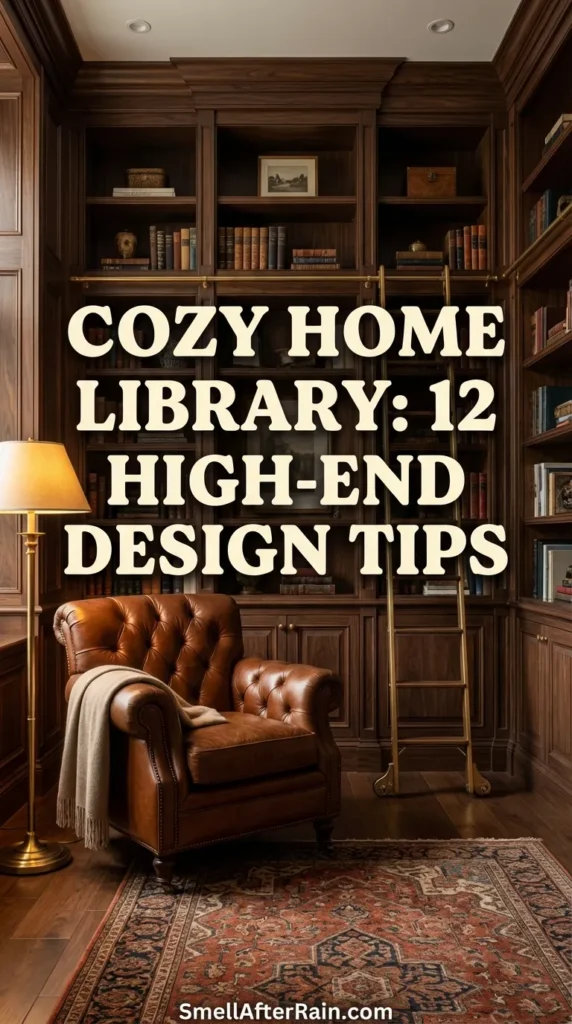 A moody, sophisticated reading corner featuring floor-to-ceiling black built-in bookshelves and a plush grey velvet armchair. The space exemplifies a Cozy Home Library: 12 High-End Design Tips, showcasing dark millwork, gold accents, and textural layering with a fuzzy throw and patterned pillow.