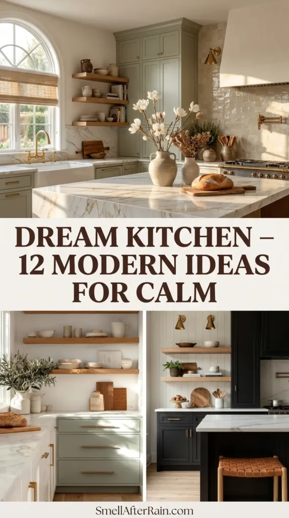 A collage of four serene kitchen interiors representing a Dream Kitchen - 12 Modern Ideas for Calm. Images feature white marble countertops with fresh flowers, open wooden shelving with neutral pottery, textured beige backsplash tiles with wooden utensils, and a modern black kitchen with a large indoor tree and woven bar stool, showcasing biophilic integration and tactile grounding.