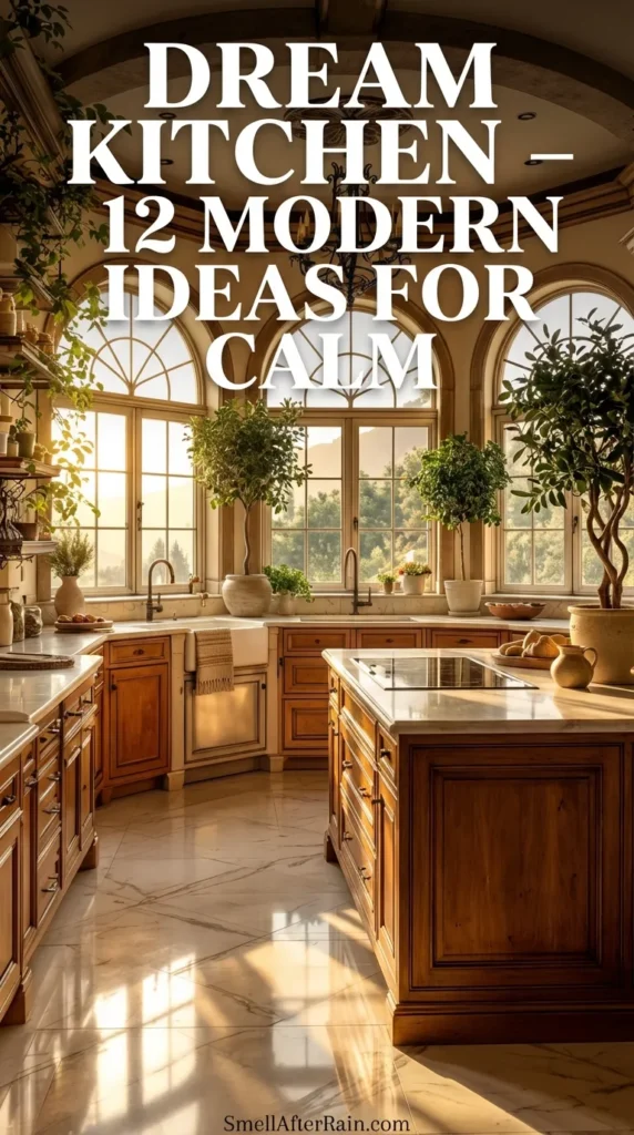 A stunning, sun-filled luxury kitchen illustrating a Dream Kitchen - 12 Modern Ideas for Calm. The space features soaring arched windows, abundant hanging plants for biophilic integration, warm wood cabinetry, and polished marble floors. Sunlight streams onto a large island and farmhouse sink, showcasing how natural light and organic textures create a peaceful sanctuary.