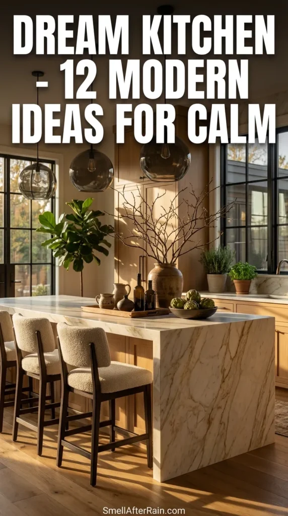 A luxurious modern kitchen featuring a spacious marble island, cream shaker cabinets, and comfortable grey upholstered bar stools. Two glass pendant lights hang above a centerpiece of tall white flowering branches, illustrating biophilic design. This bright, open-concept space represents the ultimate Dream Kitchen - 12 Modern Ideas for Calm, utilizing natural light from large windows and serene color palettes.