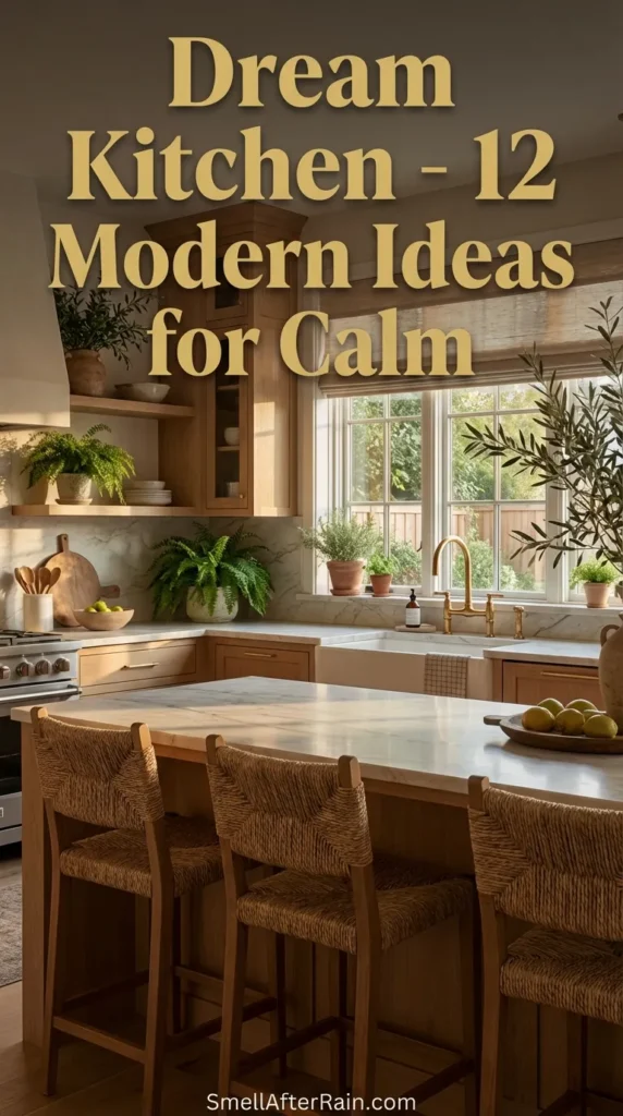 A warm, rustic country kitchen featuring a wooden dining table with woven chairs, a farmhouse sink, and a large window letting in natural light. The space illustrates a Dream Kitchen - 12 Modern Ideas for Calm through the use of neutral tones, natural textures like wood and wicker, and decluttered open shelving. Text overlay reads: Cozy Country Kitchen Ideas You'll Love.