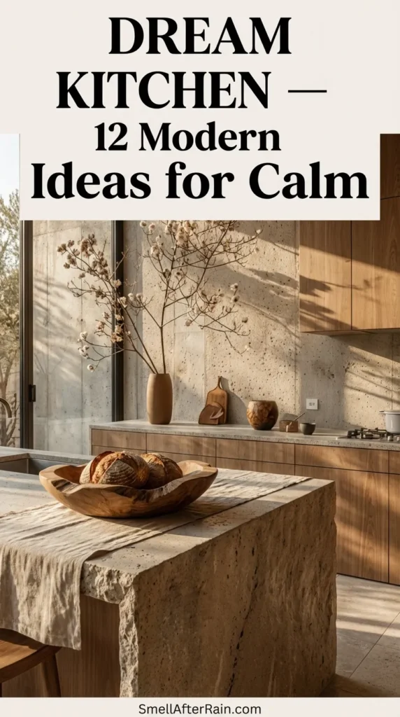 A serene, minimalist kitchen featuring raw concrete walls and warm wood cabinetry, illustrating a Dream Kitchen - 12 Modern Ideas for Calm. Sunlight casts soft shadows from a large vase of dried branches, highlighting the textured stone island and pendant lighting designed for tactile grounding and biophilic integration.