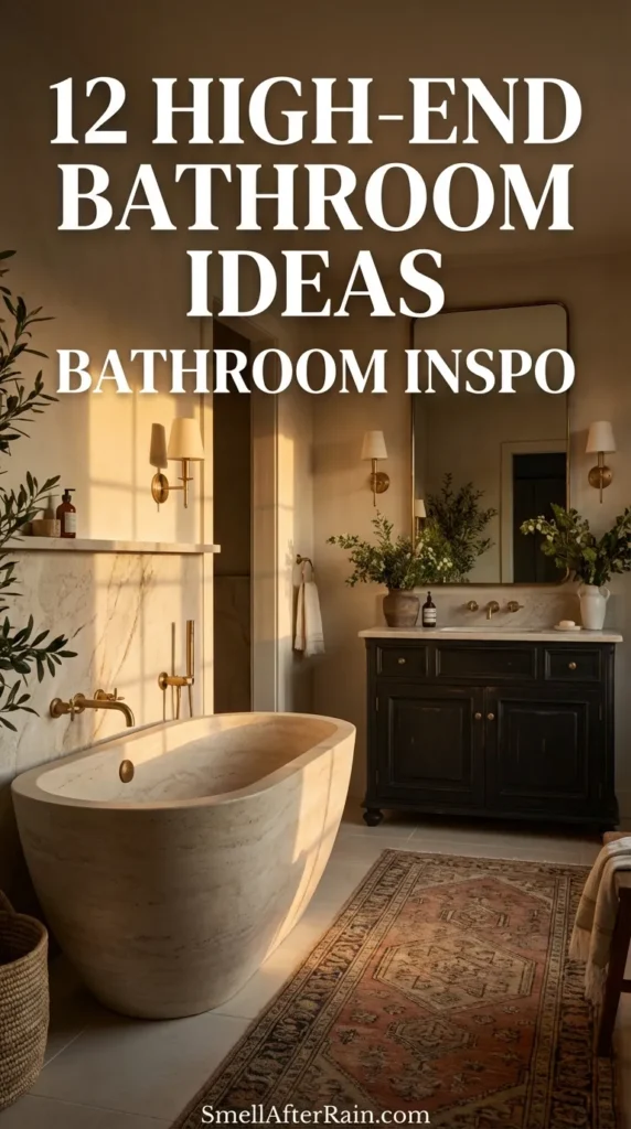 A luxurious bathroom featuring a deep freestanding sculptural tub filled with warm water, adjacent to a wooden vanity with a stone basin. The space showcases 12 High-End Bathroom Ideas - Bathroom Inspo, including textured stone walls, ambient candlelight, woven baskets, and a large round backlit mirror. A glass walk-in shower with a rain head completes this organic modern spa retreat design.