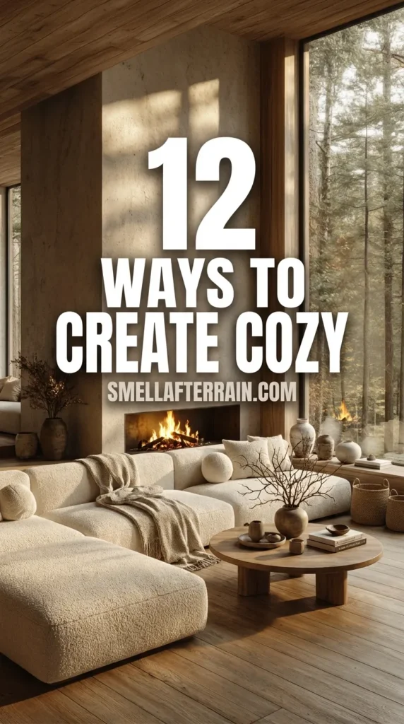 12 Ways to Create Cozy Luxury: A serene living room featuring floor-to-ceiling windows overlooking a lush forest, low-profile beige modular sofas, warm wood ceiling paneling, and a sleek modern linear fireplace embedded in a textured stone wall.