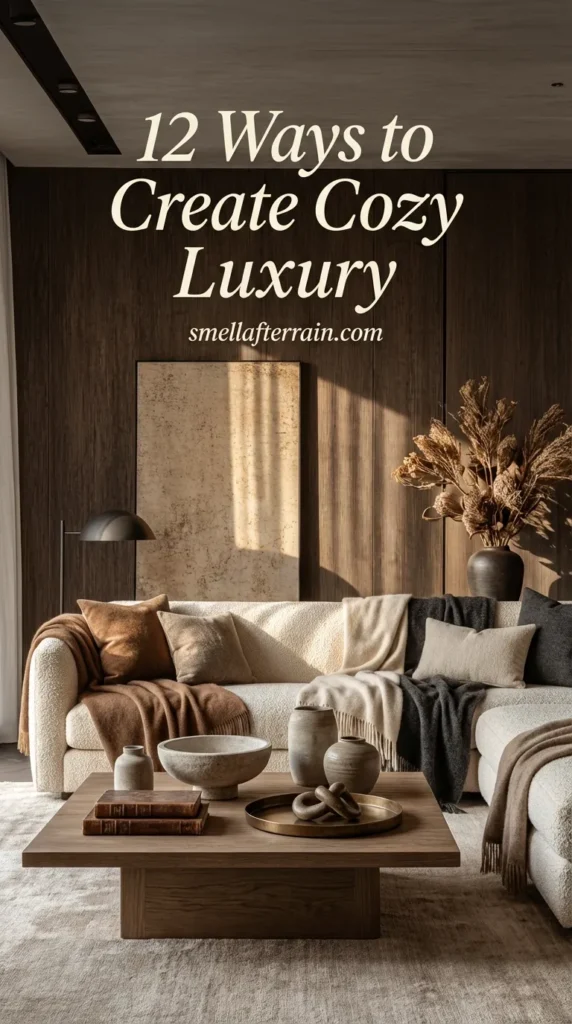 12 Ways to Create Cozy Luxury: A moody living room featuring dark wood vertical paneling, a cream sectional sofa with brown velvet pillows, a large beige abstract painting, and a black coffee table styled with dark ceramic vases.