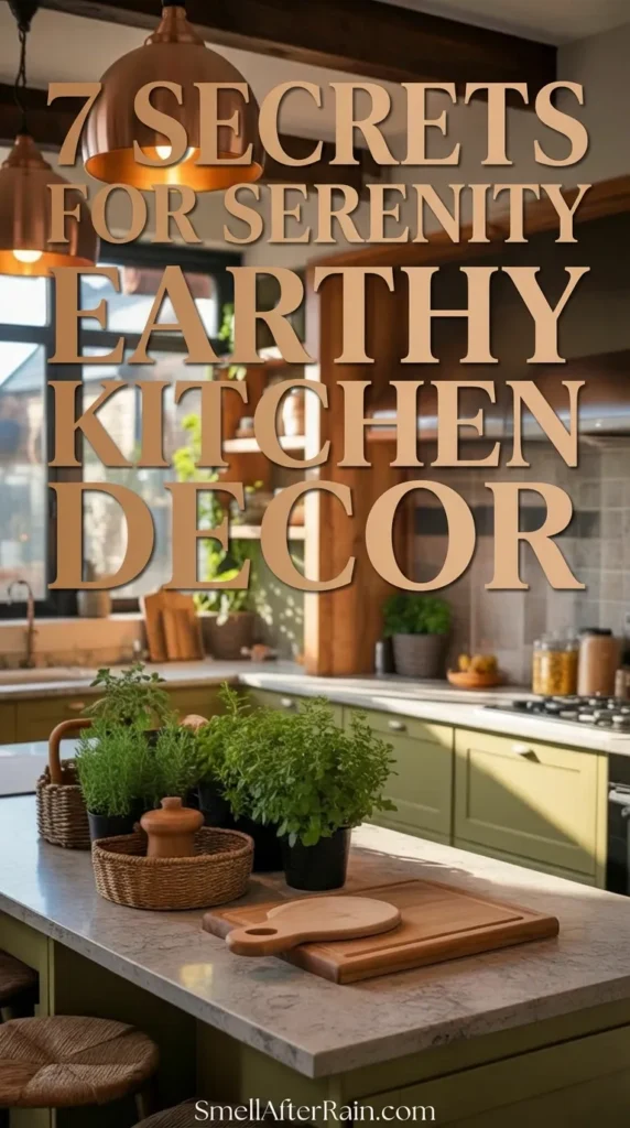 A warm, sunlit kitchen featuring olive green cabinets and a stone island topped with fresh potted herbs in woven baskets and wooden cutting boards. Large copper pendant lights hang from rustic wooden ceiling beams. Sunlight streams through a large black-framed window. Text overlay reads Earthy Kitchen Style for a Warm Inviting Space. This design example illustrates the 7 Secrets for Serenity Earthy Kitchen Decor, blending rustic elements with modern biophilic design.