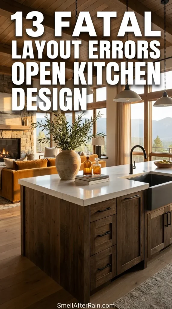 A stunning rustic modern kitchen island featuring reclaimed wood drawers, a black farmhouse sink, and industrial pendant lighting. The space flows openly into a living area with a mustard yellow sofa, illustrating a cohesive look. Avoid 13 Fatal Layout Errors Open Kitchen Design such as traffic flow collisions and the floating island syndrome by planning your zones carefully. This design shows perfect utility placement and consistent design language.