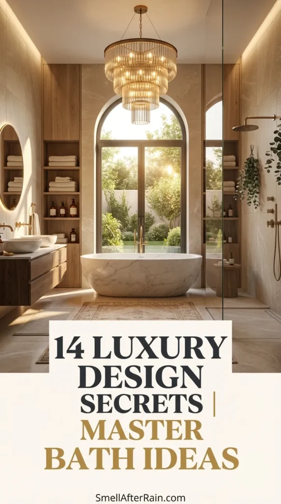 A sophisticated master bathroom interior featuring a freestanding soaking tub, warm neutral stone flooring, and a glass-enclosed wet room. The design showcases 14 Luxury Design Secrets | Master Bath Ideas, including floating vanities, mixed metal hardware, and layered ambient lighting for a spa-like atmosphere.