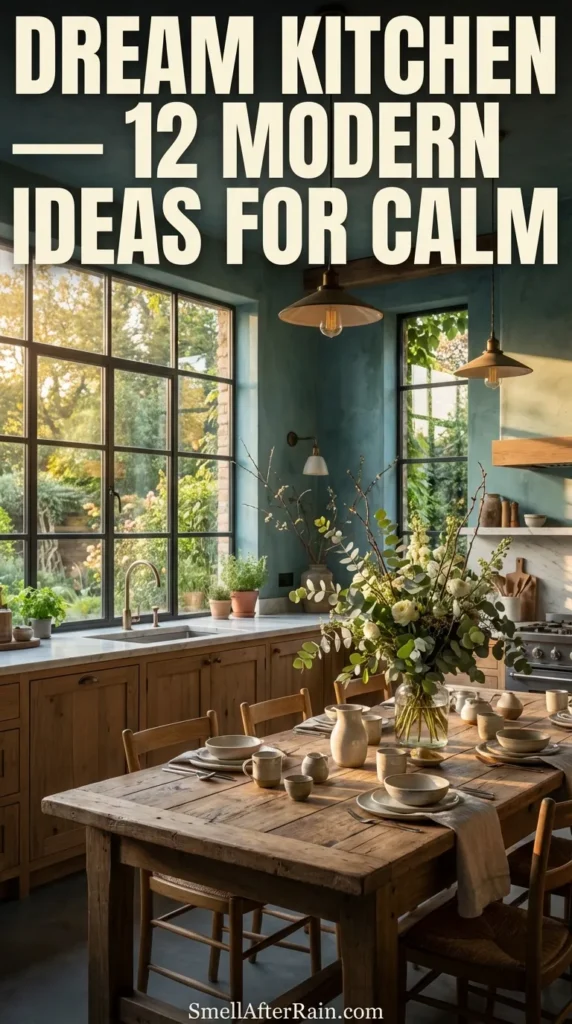 Sunlit rustic industrial kitchen featuring distressed teal walls, large floor-to-ceiling windows, and abundant hanging plants illustrating a Dream Kitchen - 12 Modern Ideas for Calm. The space centers around a wooden farmhouse table with yellow flowers and a vintage rug, embodying biophilic integration and tactile grounding principles for a serene aesthetic.