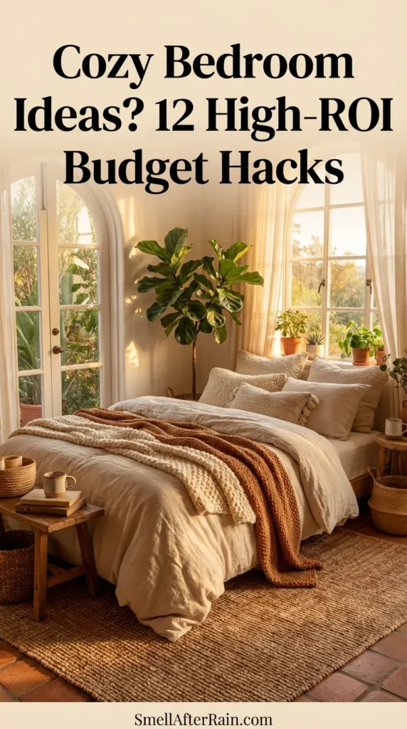 A warm, sunlit bedroom scene featuring a floor bed with textured white bedding and terracotta throw pillows. Sunlight streams through sheer curtains and an arched glass door, illuminating a large jute rug and lush potted plants. This boho-chic interior serves as inspiration for those seeking Cozy Bedroom Ideas? 12 High-ROI Budget Hacks to upgrade their sleeping space affordably.