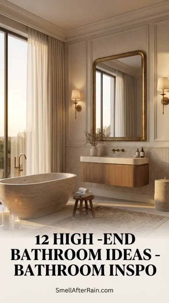 A serene, spa-like bathroom featuring a deep freestanding sculptural tub with a wooden tray and lit candles. Textured beige walls are illuminated by a warm sconce next to a round mirror. A rustic wooden shelf holds rolled towels, and a small stool displays a potted fern, illustrating 12 High-End Bathroom Ideas - Bathroom Inspo for a luxurious home retreat.