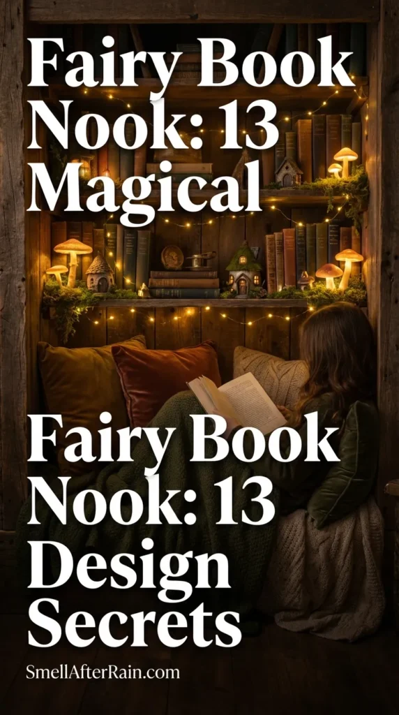 A cozy, dimly lit reading alcove featuring hanging lush greenery and warm fairy lights, representing a Fairy Book Nook: 13 Magical Design Secrets. The space includes a plush velvet armchair, rustic wooden shelves filled with leather-bound books, and mystical artifacts. Soft textures and forest colors create a biophilic atmosphere perfect for escaping into fantasy worlds.