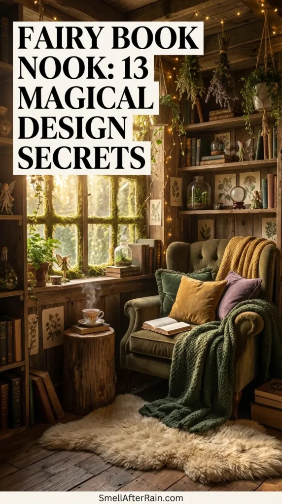 A beautifully lit reading corner illustrating a Fairy Book Nook: 13 Magical Design Secrets. The space features rustic wooden shelves, cascading greenery, soft amber string lights, and a plush velvet armchair. A detailed miniature diorama is nestled between books, creating a whimsical atmosphere that invites relaxation and escape.
