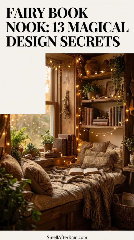 A close-up of a whimsical bookshelf insert featuring a miniature enchanted forest scene with mossy textures, tiny glowing LED lights resembling fireflies, and a small cobblestone path leading between leather-bound books. The image illustrates the Fairy Book Nook: 13 Magical Design Secrets, showcasing biophilic design and ambient lighting perfect for fantasy lovers.
