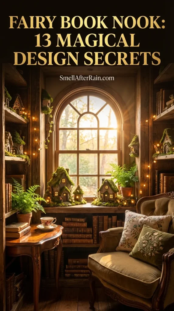 A whimsical, cozy reading corner nestled under a window featuring hanging vines, plush velvet cushions, and soft amber lighting, illustrating a Fairy Book Nook: 13 Magical Design Secrets with miniature artifacts and nature-inspired decor.