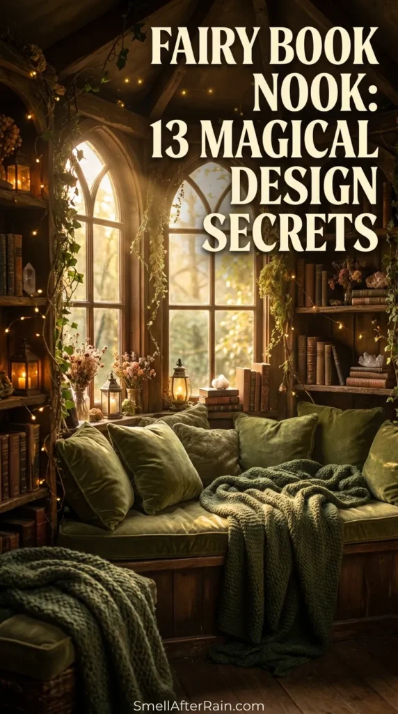 A close-up of a whimsical DIY bookshelf insert glowing with warm fairy lights. The miniature scene features mossy textures, a tiny rustic door, and biophilic elements nestled between vintage hardcover books, showcasing the Fairy Book Nook: 13 Magical Design Secrets for a perfect reading corner.