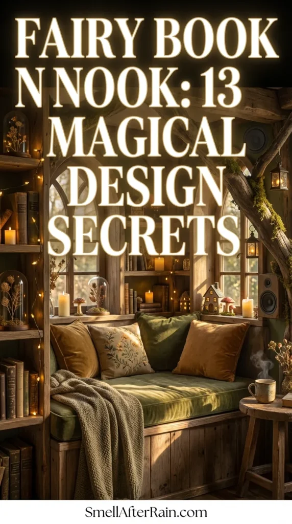 A cozy, enchanted reading corner featuring moss-green velvet cushions, hanging vines, and soft, warm string lights. The space illustrates the Fairy Book Nook: 13 Magical Design Secrets, showcasing ergonomic seating nestled between bookshelves filled with miniature artifacts and nature-inspired decor.