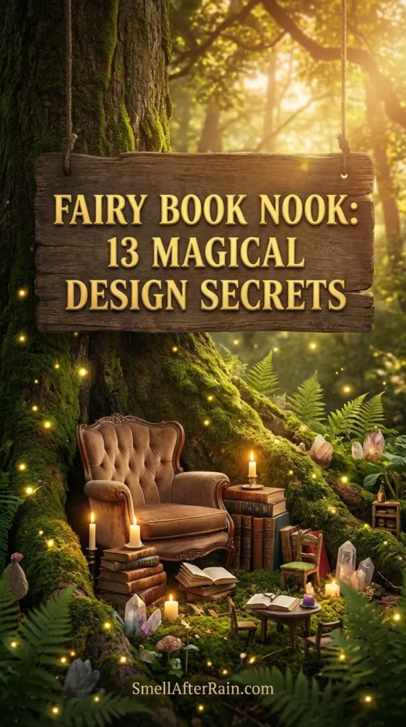 A cozy, dimly lit reading corner featuring hanging vines, soft glowing fairy lights, and a plush armchair filled with textured pillows. The image illustrates a Fairy Book Nook: 13 Magical Design Secrets, showcasing biophilic design elements, rustic bookshelves, and a magical atmosphere perfect for reading.