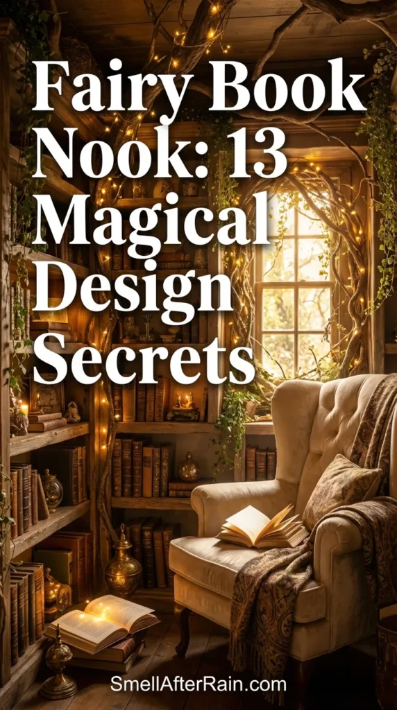 A whimsical reading corner decorated with hanging ivy, warm string lights, and plush pillows, representing a Fairy Book Nook: 13 Magical Design Secrets. The image highlights cozy textures, antique books, and a miniature fantasy aesthetic perfect for book lovers seeking a magical escape.