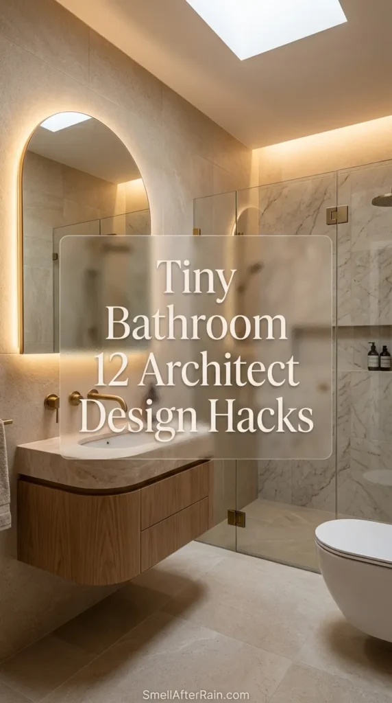 A bright, modern small bathroom featuring a floating vanity and wall-mounted faucets to save space. The image represents Tiny Bathroom 12 Architect Design Hacks, showing how lighting and mirror placement can visually expand a narrow room. Ideal inspiration for home renovation and interior design architecture.