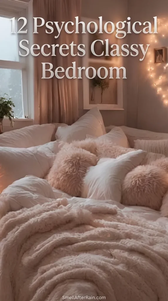 A warm and cozy bedroom scene featuring a bed piled high with fluffy white pillows and blankets. Fairy lights are arranged in a heart shape on the wall, and candles sit on the windowsill overlooking a snowy view, illustrating the 12 Psychological Secrets Classy Bedroom aesthetics.