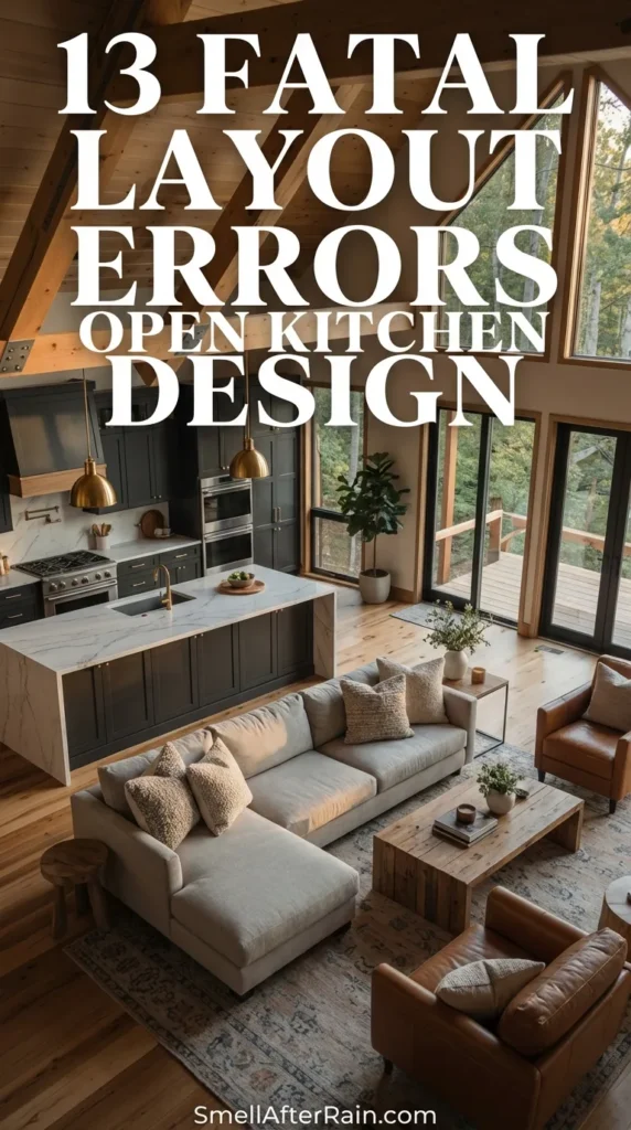 High-angle view of a spacious rustic modern open concept living area with vaulted wood ceilings, exposed beams, and large windows. The layout features a grey kitchen with a white island flowing seamlessly into a living room with a beige sectional and leather chairs, illustrating a space that avoids 13 Fatal Layout Errors Open Kitchen Design.