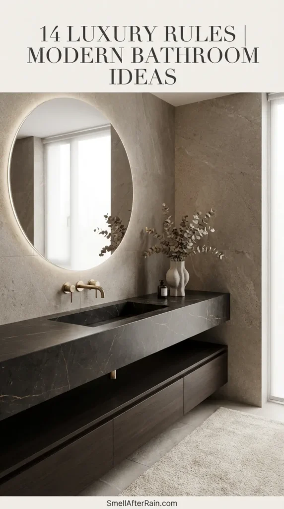 A close-up of a textured natural stone vessel sink paired with minimal brushed brass wall-mounted faucets. The vanity includes a glass vase with dried baby's breath flowers and a round wooden mirror, perfectly illustrating 14 Luxury Rules | Modern Bathroom Ideas for a spa-like sanctuary.