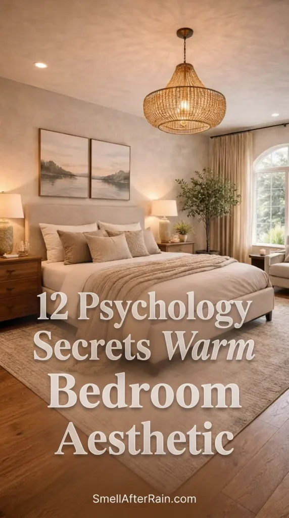 A cozy, neutral-toned bedroom featuring a beaded chandelier and upholstered bed, illustrating the 12 Psychology Secrets Warm Bedroom Aesthetic. The room includes wooden nightstands, landscape artwork, layered beige bedding, and a reading nook by an arched window.