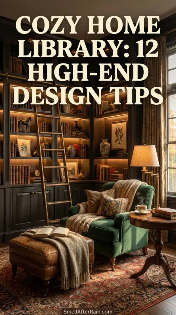 A warm, inviting living room featuring floor-to-ceiling wooden bookshelves filled with books and pottery, illustrating a Cozy Home Library: 12 High-End Design Tips. The space includes plush white sofas with textured pillows, a rustic wooden coffee table adorned with art books and glowing candles, soft lamp lighting, and lush indoor plants. Perfect inspiration for shelf styling, reading nooks, and luxury interior design.