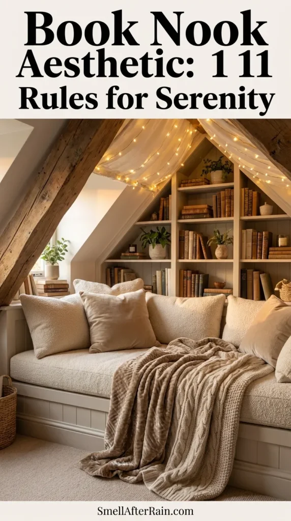 A cozy attic reading corner featuring the ultimate Book Nook Aesthetic: 11 Rules for Serenity. The space includes built-in white bookshelves filled with books under a slanted wooden ceiling adorned with warm fairy lights. A plush daybed is piled high with neutral textured pillows and a chunky knit blanket, creating a warm and inviting atmosphere perfect for reading. Text overlay reads BOOKTOK Inspired Home Decor.