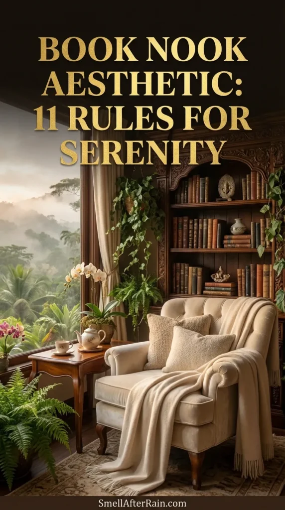 A cozy reading corner overlooking a misty green mountain range through an open wooden door. The space features floor-to-ceiling bookshelves, a wooden armchair draped with a soft beige blanket, and lush ferns, embodying the Book Nook Aesthetic: 11 Rules for Serenity. A small wooden stool holds a teapot and cup, creating a perfect atmosphere for biophilic design and relaxation.