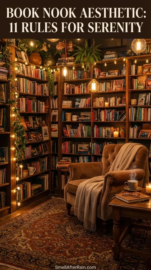 A cozy, dimly lit home library featuring floor-to-ceiling wooden bookshelves packed with books. Warm hanging Edison bulbs provide soft circadian lighting above plush charcoal gray bean bag chairs and a vintage patterned rug. Hanging trailing plants add a biophilic touch to the space, perfectly illustrating the Book Nook Aesthetic: 11 Rules for Serenity.