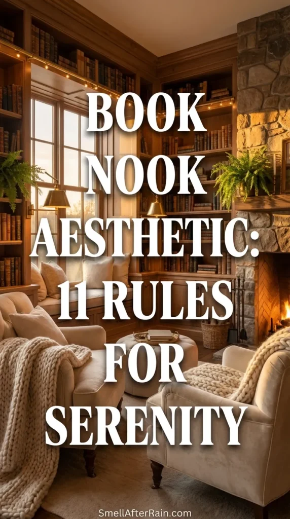 A cozy rustic home library featuring floor-to-ceiling wooden bookshelves and vaulted ceilings with exposed beams. Two beige wingback armchairs sit on a striped rug, surrounded by warm pendant lighting and greenery. Overlay text reads 25 Creative Cozy Home Library Ideas. Perfect inspiration for designing a Book Nook Aesthetic: 11 Rules for Serenity including lighting and seating dynamics.
