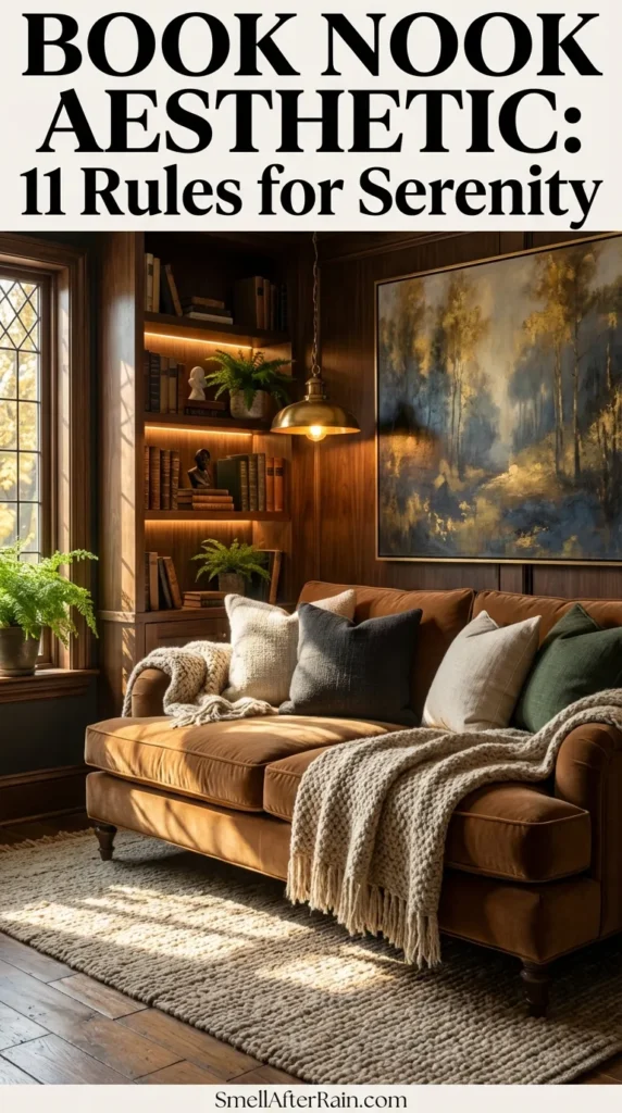 A cozy, dark academia style reading corner featuring built-in wooden bookshelves filled with books and a large moody landscape painting. A plush leather chaise lounge is layered with textured throw pillows and a chunky knit blanket. Warm industrial hanging lights illuminate the space, showcasing the perfect Book Nook Aesthetic: 11 Rules for Serenity.