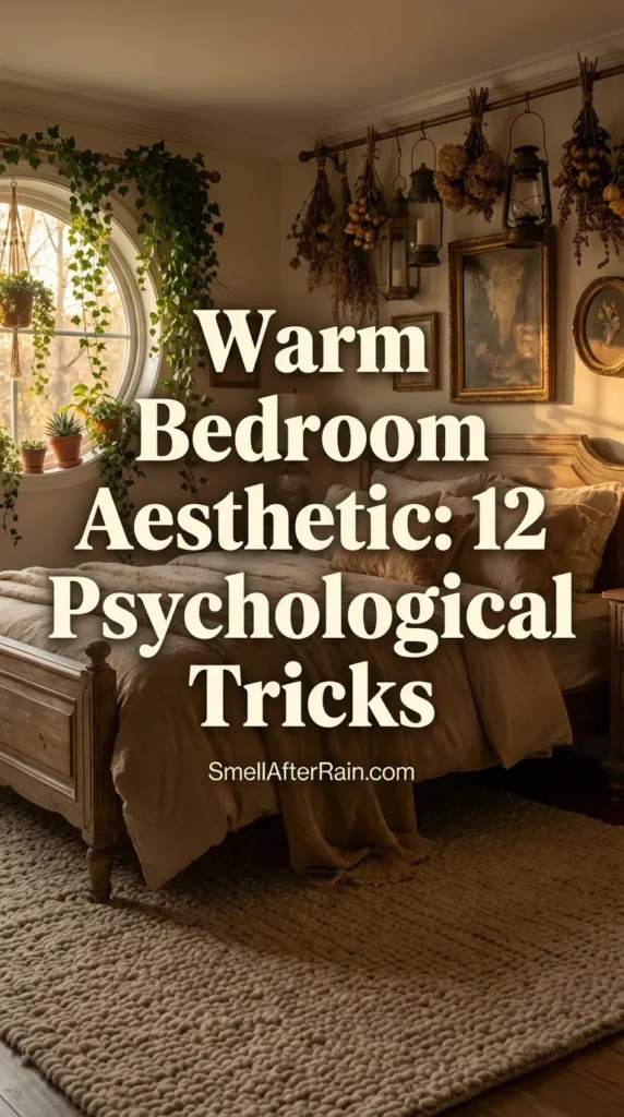 A cozy, rustic bedroom featuring a rounded wooden headboard, floral bedding, and hanging dried herbs, visually representing a Warm Bedroom Aesthetic: 12 Psychological Tricks. The room is lit by a candle chandelier and a warm bedside lamp, creating a soothing hobbitcore atmosphere.