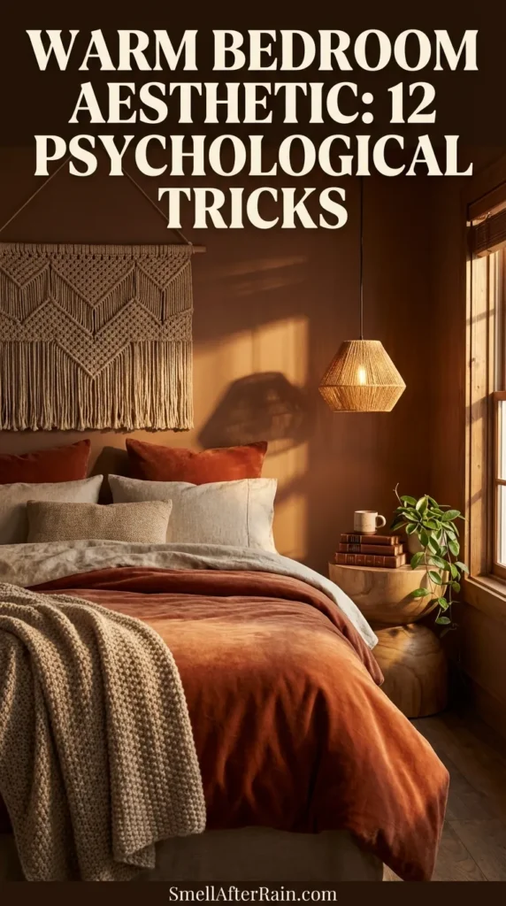 A cozy, moody bedroom featuring dark grey walls and rust-colored linen bedding. A woven pendant light hangs above a wooden bedside table with a potted plant, next to a window with bamboo blinds. A framed landscape painting hangs above the bed. This interior design setup exemplifies the Warm Bedroom Aesthetic: 12 Psychological Tricks to create a calming and restorative space.