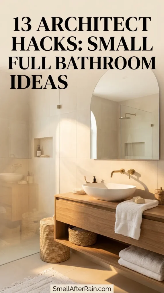 A cozy rustic bathroom featuring a wooden vanity cabinet with a round white vessel sink and a dark bronze faucet. A wood-framed mirror hangs on beige beadboard wainscoting, reflecting white towels and natural light, illustrating 13 Architect Hacks Small Full Bathroom Ideas for creating a spacious feel.