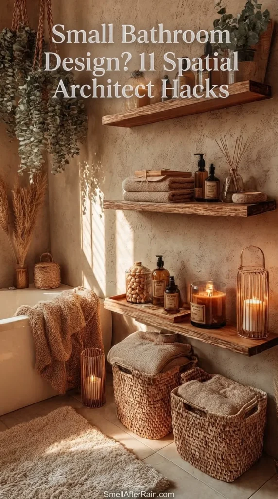 A cozy, boho-style bathroom featuring warm textured walls and wooden floating shelves filled with amber bottles and rolled towels. Hanging eucalyptus plants add greenery above a white bathtub next to glowing candles and woven storage baskets. This setup illustrates answers to Small Bathroom Design? 11 Spatial Architect Hacks including vertical storage usage and warm lighting to expand space.