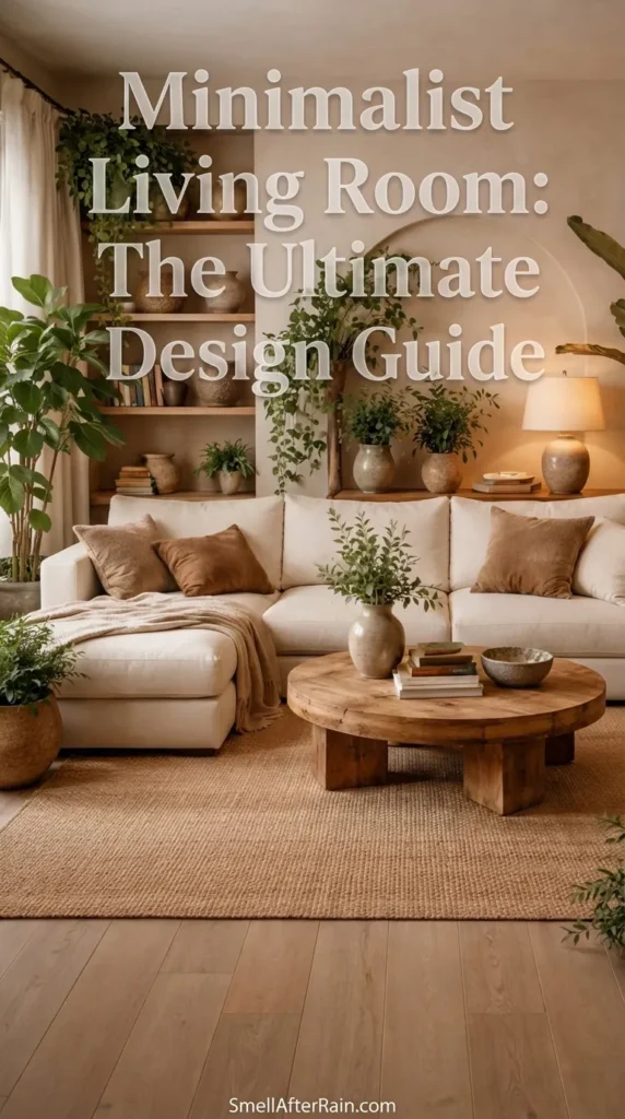 A cozy, organic modern living room featuring a cream L-shaped sectional sofa, rustic wooden round coffee table, and a large jute rug. The space is filled with lush green plants like monstera and hanging vines. Built-in shelves display neutral pottery. This image serves as visual inspiration for our Minimalist Living Room: The Ultimate Design Guide, highlighting earth tones and textured decor.