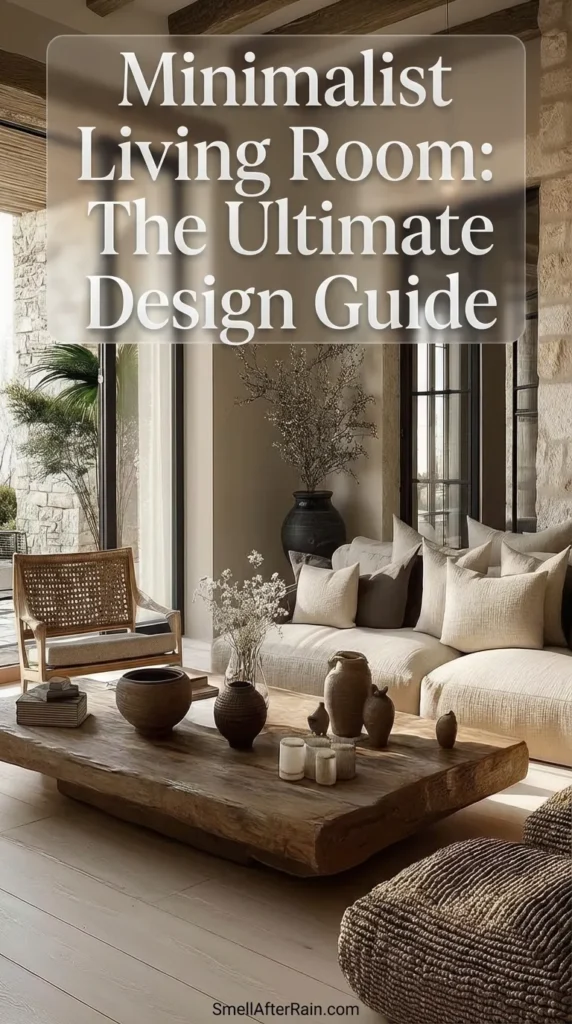 A serene interior scene illustrating the Minimalist Living Room: The Ultimate Design Guide. The room features textured stone walls, exposed wooden beams, and a large, low-profile live edge coffee table. A plush cream modular sofa offers cozy seating, accented by neutral throw pillows. Large floor-to-ceiling windows bring in natural light, highlighting organic decor elements like ceramic vases and dried branches.