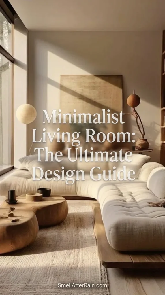 A sun-drenched interior featuring a low-profile cream tufted sectional sofa and raw wood organic coffee tables on a textured rug. The space exemplifies the concepts in our Minimalist Living Room: The Ultimate Design Guide, showcasing how to blend Japandi aesthetics with warm minimalism. Large windows illuminate built-in wooden shelving, abstract art, and organic decor, creating a cozy yet clean atmosphere perfect for modern living.