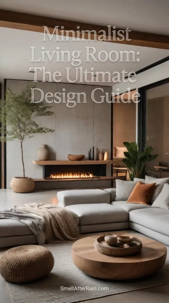 A serene living space featuring a large gray L-shaped sectional sofa, a round wooden coffee table, and a linear fireplace embedded in a textured wall. An indoor tree adds a touch of nature to the neutral palette, perfectly illustrating the concepts in our Minimalist Living Room: The Ultimate Design Guide for modern, cozy interiors.