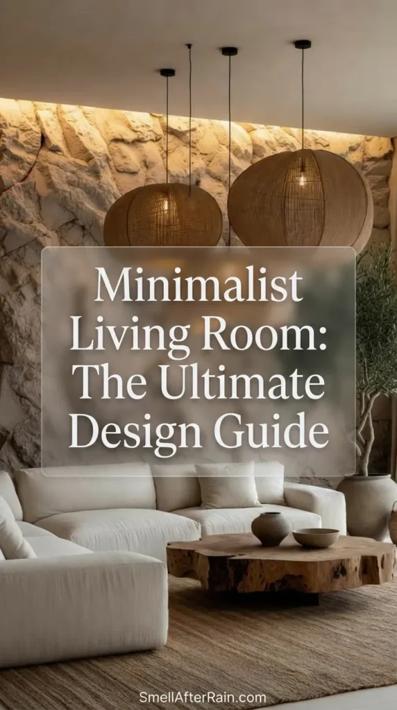 A warm organic modern living room featuring a dramatic textured stone wall and three oversized woven pendant lights. A plush white sectional sofa sits near a live-edge wood coffee table and a large indoor olive tree, perfectly illustrating concepts from our Minimalist Living Room: The Ultimate Design Guide.