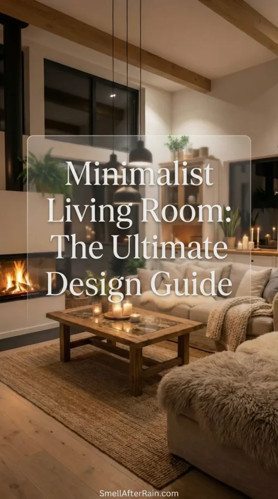 A warm and inviting living room featuring a beige sectional sofa with cozy knit throws and sheepskin rugs next to a modern glass fireplace. The space is illuminated by warm candlelight and black pendant lights hanging over a rustic wooden coffee table. This setting exemplifies the aesthetic taught in our Minimalist Living Room: The Ultimate Design Guide, showing how to balance modern lines with natural textures.