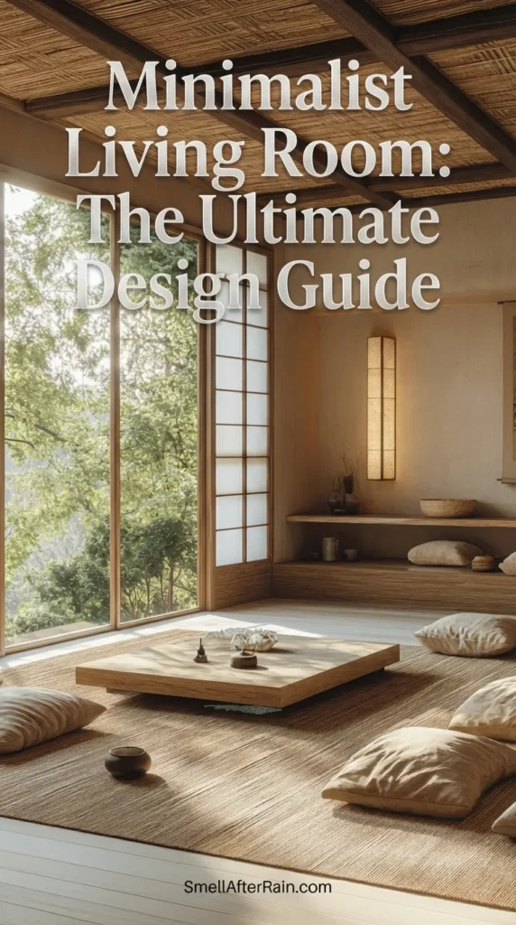 A serene Japandi style interior featuring large floor to ceiling windows overlooking a forest. The space highlights the principles of a Minimalist Living Room: The Ultimate Design Guide, showcasing a low wooden coffee table, beige floor cushions on tatami mats, and a textured woven ceiling. Warm lighting and shoji screens create a cozy, zen atmosphere perfect for meditation or relaxation.