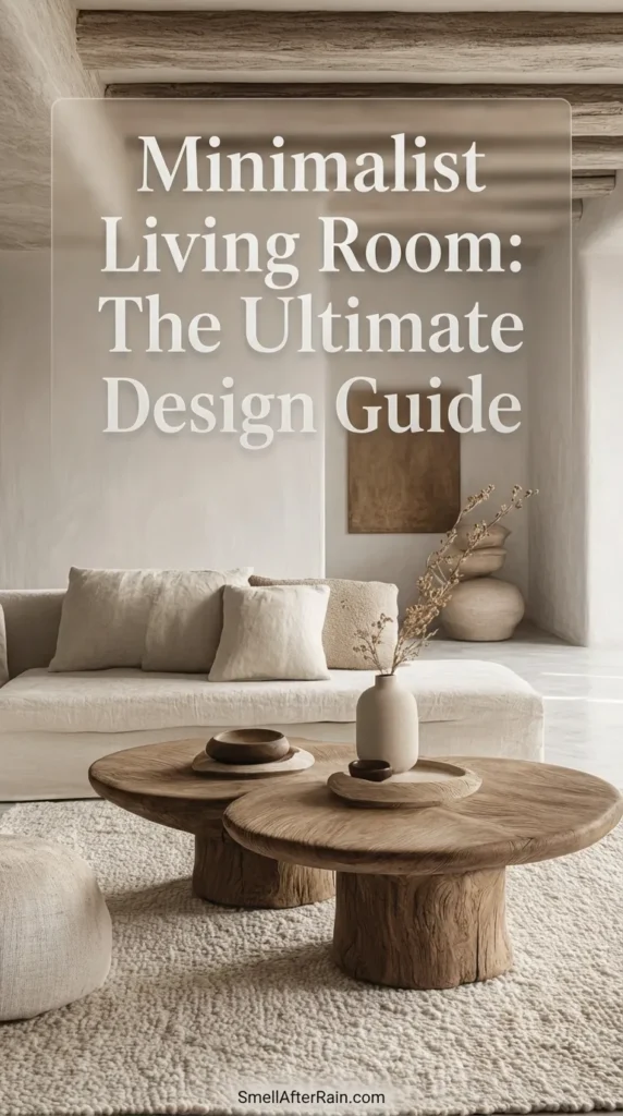 A serene living space featuring a cream linen sofa, rustic raw wood coffee tables, and exposed ceiling beams, illustrating concepts from the Minimalist Living Room: The Ultimate Design Guide. The room uses neutral textures, a boucle rug, and wabi-sabi decor elements to create a warm, organic modern aesthetic.